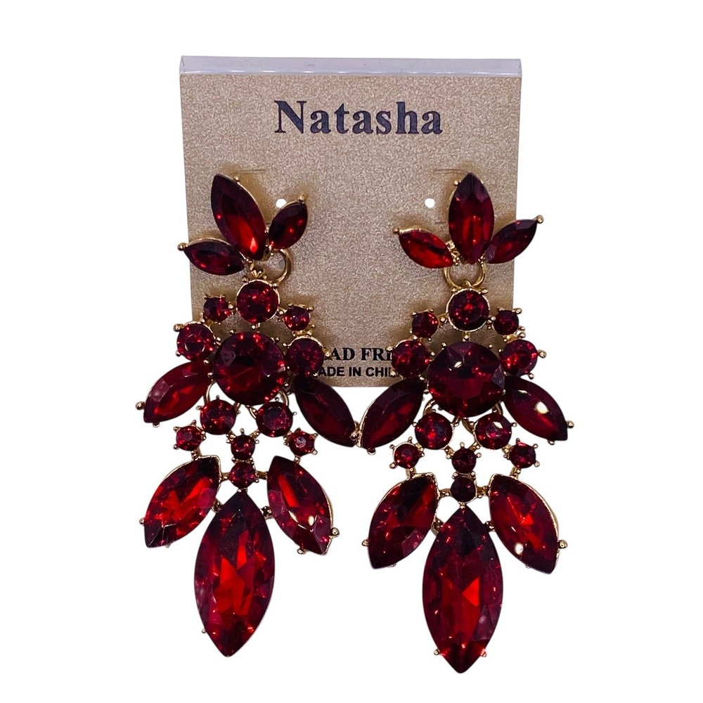 NWT Natasha Goldtone Ruby Red Rhinestone StatementChandelier Drop Post Earrings